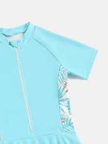 Girls Tropical Print Zipper Front One Piece Swimsuit - Blue - View 3