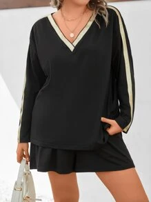 Mulvari Plus Contrast Trim Drop Shoulder Tee & Shorts - Black - View 3