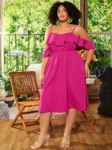 SHEIN CURVE+ Vestido de hombros descubiertos ribete con fruncido - Rosa Fucsia - Ver 5