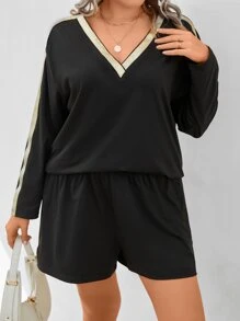 Mulvari Plus Contrast Trim Drop Shoulder Tee & Shorts - Black - View 4