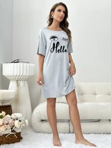 Eyelash & Letter Graphic Drop Shoulder Pajama Nightdress, Moo Moo - Light Grey - View 4