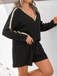 Mulvari Plus Contrast Trim Drop Shoulder Tee & Shorts - Black - View 5