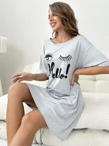 Eyelash & Letter Graphic Drop Shoulder Pajama Nightdress, Moo Moo - Light Grey - View 5