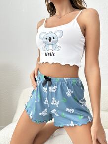 Bộ đồ ngủ Nữ Nơ Bướm Xù nhỏ Hoạt hình Lá thư Dễ thương - Nhiều màu - Xem 5