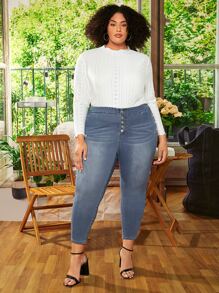 SHEIN CURVE+ Plus Cat Whisker Button Fly Skinny Jeans - Medium Wash - View 4