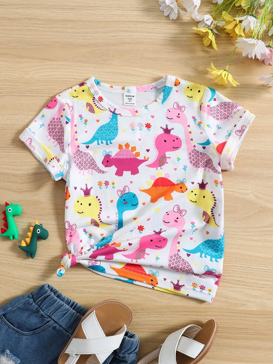 SHEIN 夏季年輕女孩可愛白色恐龍印花T恤 - 白色 - 查看 1