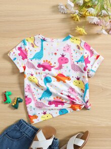 SHEIN 夏季年輕女孩可愛白色恐龍印花T恤 - 白色 - 查看 2