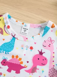 SHEIN 夏季年輕女孩可愛白色恐龍印花T恤 - 白色 - 查看 3