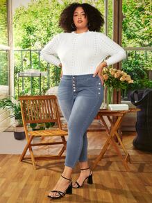 SHEIN CURVE+ Plus Cat Whisker Button Fly Skinny Jeans - Medium Wash - View 1
