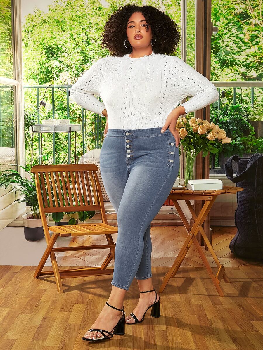 SHEIN CURVE+ Plus Cat Whisker Button Fly Skinny Jeans - Medium Wash - View 1