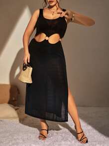Swim Lushoire Plus Cut Out Split Thigh Cover Up Dress Without Bikini, For Summer Beach Vacation - Black - View 1