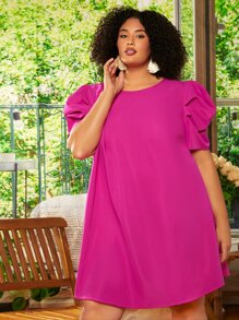 SHEIN CURVE+ Plus Puff Sleeve Tunic Dress - Hot Pink - View 2