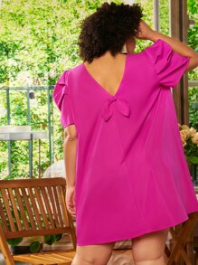 SHEIN CURVE+ Plus Puff Sleeve Tunic Dress - Hot Pink - View 1