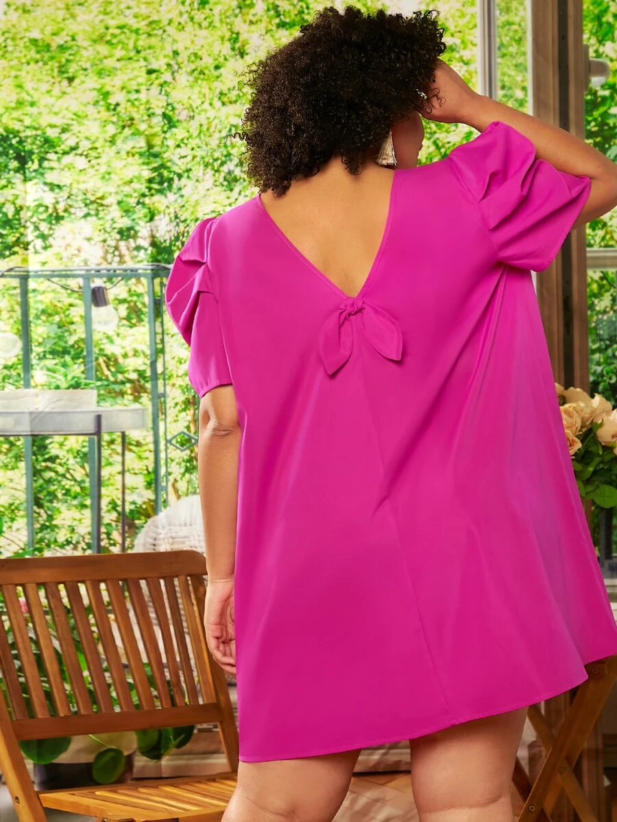SHEIN CURVE+ Plus Puff Sleeve Tunic Dress - Hot Pink - View 1