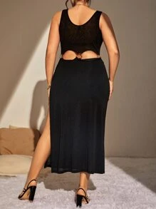 Swim Lushoire Plus Cut Out Split Thigh Cover Up Dress Without Bikini, For Summer Beach Vacation - Black - View 2