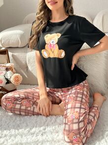1pc Cartoon Graphic Tee & 1pc Plaid Print Trousers PJ Set - Multicolor - View 5