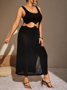 Swim Lushoire Plus Cut Out Split Thigh Cover Up Dress Without Bikini, For Summer Beach Vacation - Black - View 4