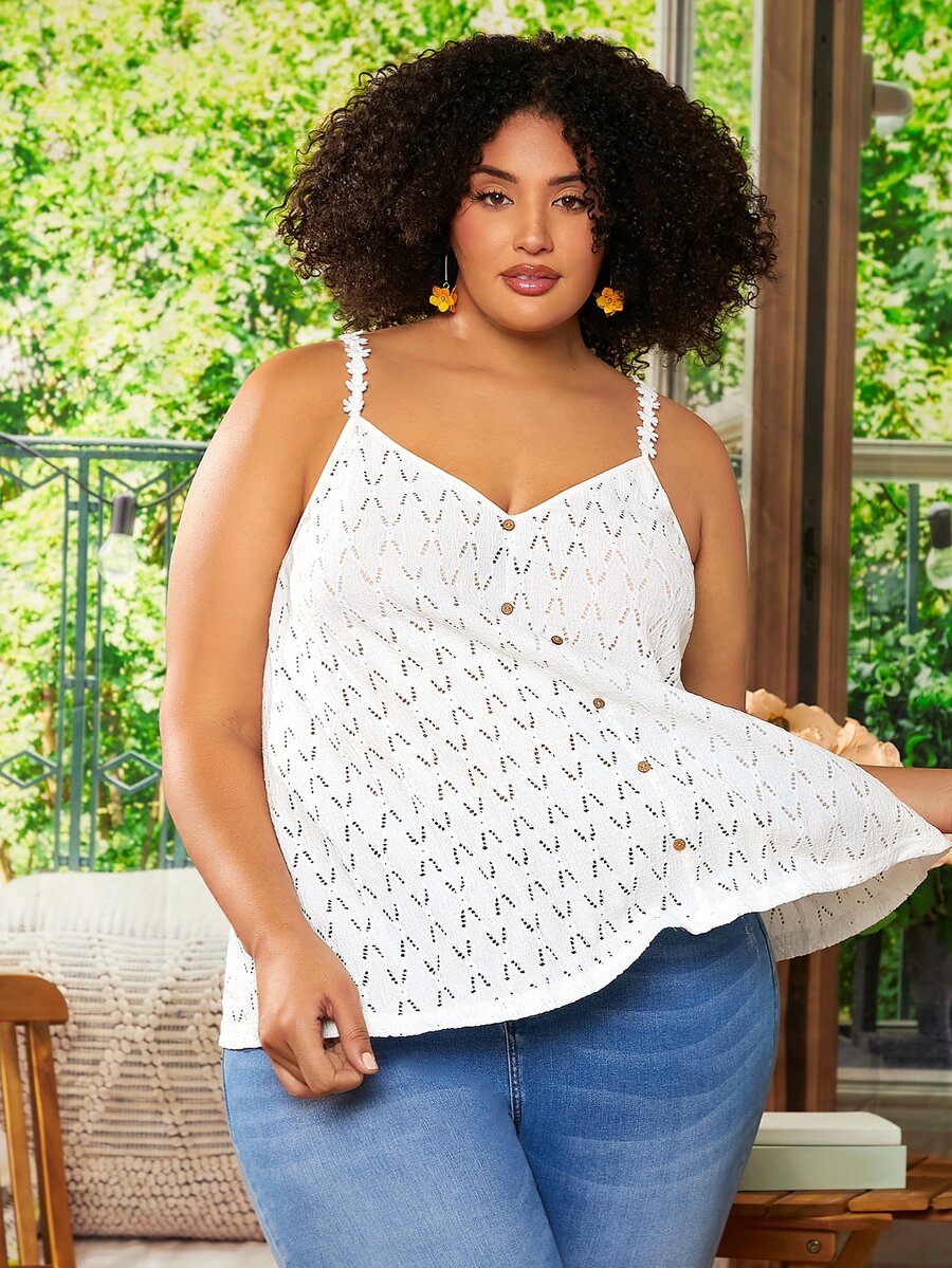 SHEIN CURVE+ Plus Button Front Schiffy Cami Top - White - View 1