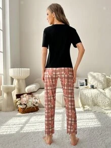 1pc Cartoon Graphic Tee & 1pc Plaid Print Trousers PJ Set - Multicolor - View 7