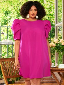 SHEIN CURVE+ Plus Puff Sleeve Tunic Dress - Hot Pink - View 4