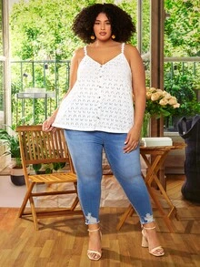SHEIN CURVE+ Plus Button Front Schiffy Cami Top - White - View 3