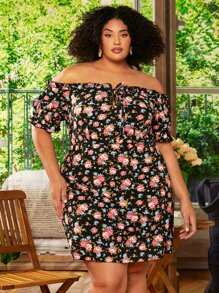 SHEIN CURVE+ Plus Floral Print Off Shoulder Knot Front Dress - Multicolor - View 3