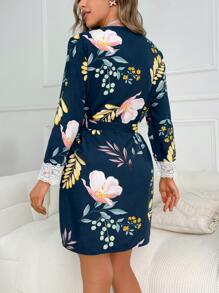 Bata con cinturón con estampado floral de puño con encaje - Agua verde azul - Ver 2