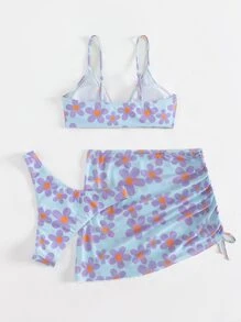 Floral Print Summer Beach Bikini Set With Cover Up Set - Multicolor - View 3