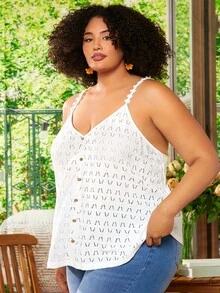 SHEIN CURVE+ Plus Button Front Schiffy Cami Top - White - View 4