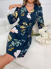 Bata con cinturón con estampado floral de puño con encaje - Agua verde azul - Ver 3
