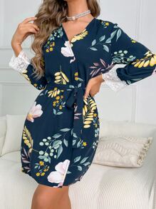 Bata con cinturón con estampado floral de puño con encaje - Agua verde azul - Ver 4