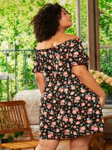 SHEIN CURVE+ Plus Floral Print Off Shoulder Knot Front Dress - Multicolor - View 2