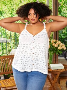 SHEIN CURVE+ Plus Button Front Schiffy Cami Top - White - View 5