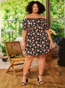 SHEIN CURVE+ Plus Floral Print Off Shoulder Knot Front Dress - Multicolor - View 4