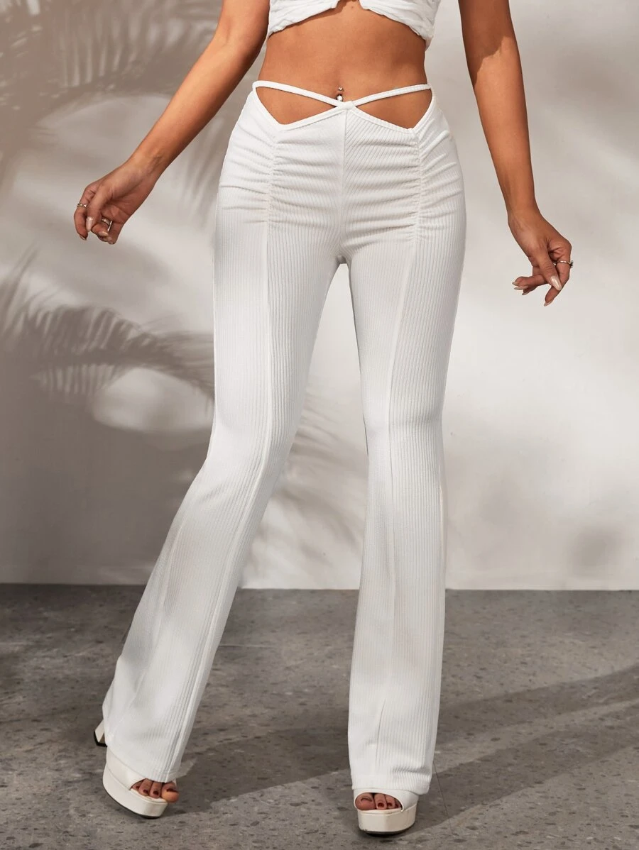 SHEIN ICON Ruched Cut Out Front Flare Leg Trousers - White - View 1