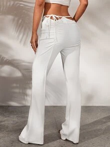 SHEIN ICON Ruched Cut Out Front Flare Leg Trousers - White - View 2