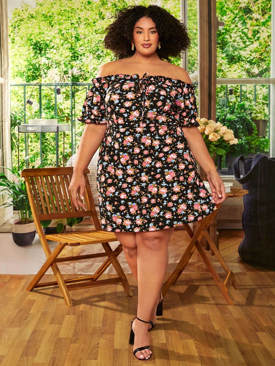 SHEIN CURVE+ Plus Floral Print Off Shoulder Knot Front Dress - Multicolor - View 1