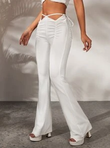 SHEIN ICON Ruched Cut Out Front Flare Leg Trousers - White - View 3