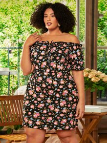 SHEIN CURVE+ Plus Floral Print Off Shoulder Knot Front Dress - Multicolor - View 6