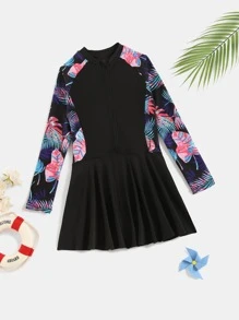 Girls Tropical Print One Piece Swimsuit - Black - View 5