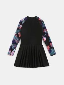 Girls Tropical Print One Piece Swimsuit - Black - View 2