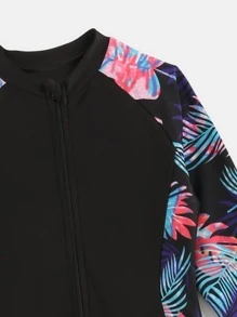 Girls Tropical Print One Piece Swimsuit - Black - View 3