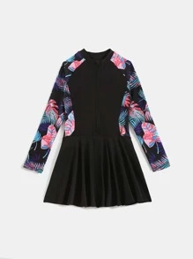 Girls Tropical Print One Piece Swimsuit - Black - View 1