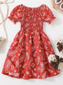 小女童佩斯利印花泡泡袖上身抽褶洋裝