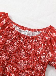 小女童佩斯利印花泡泡袖上身抽褶洋裝