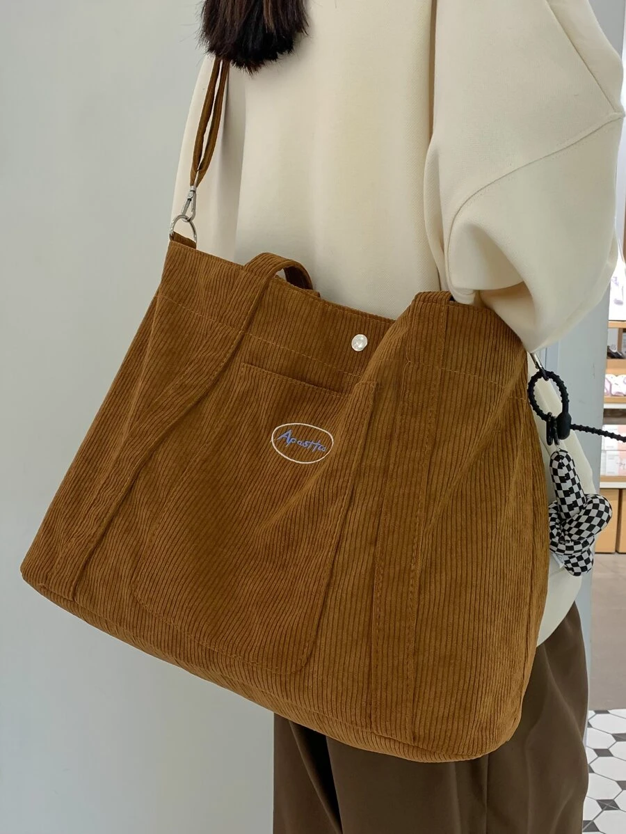 Letter Embroidery Design Shopper Bag - Brown - View 1