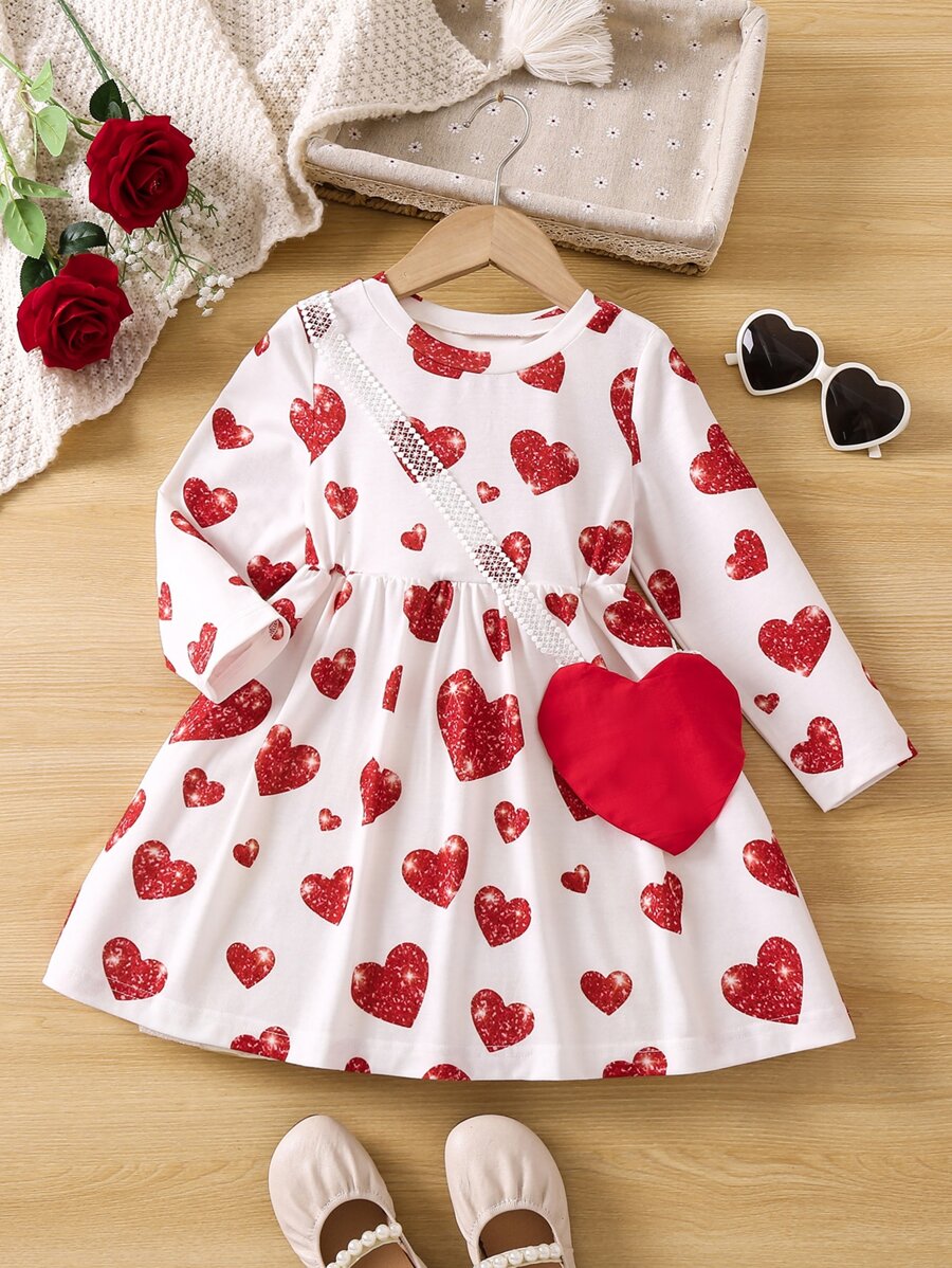 Toddler Girls Heart Print Dress With Accessory Bag - White - View 1