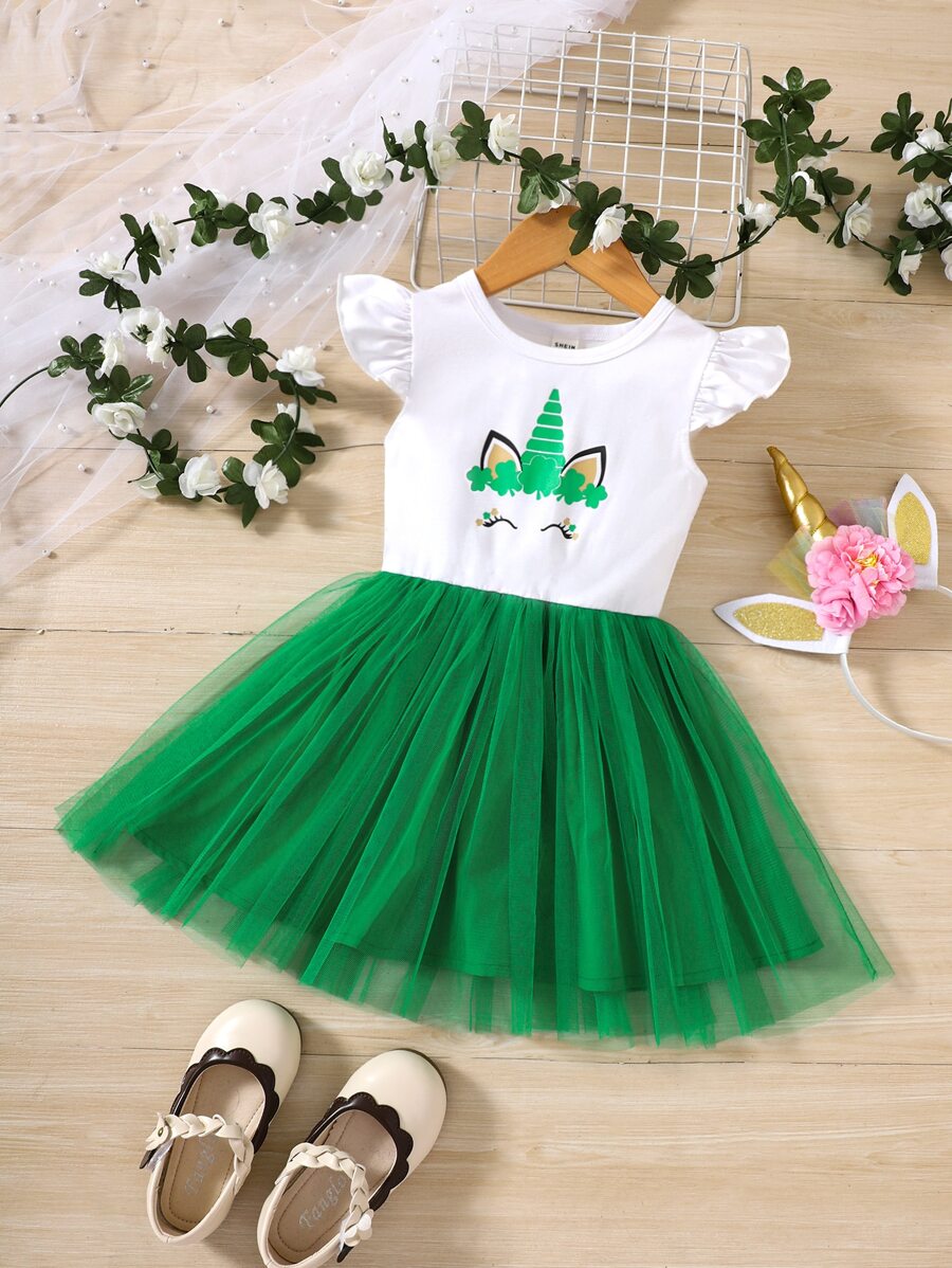 小女童獨角獸印花網紗拼接洋裝 - 彩色 - 查看 1