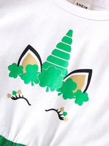 小女童獨角獸印花網紗拼接洋裝 - 彩色 - 查看 3