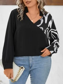 SHEIN LUNE Plus Graphic Print Lantern Sleeve Blouse - Black - View 4